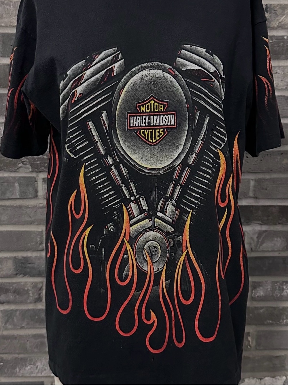 Vintage Single Stitch Harley Davidson V Twin Engine Flames All Over Print Tshirt